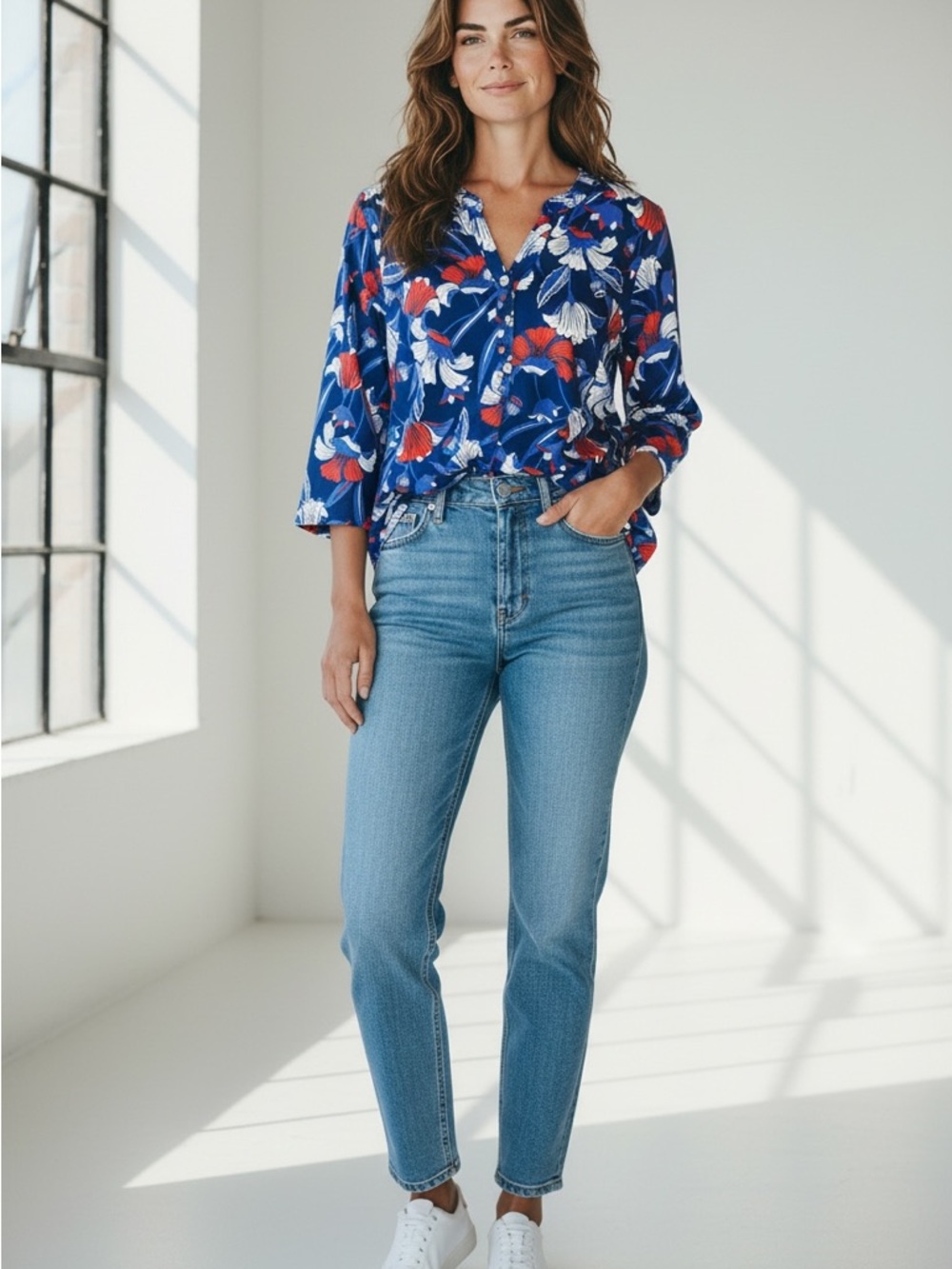 J. Crew Blue Floral Button-Front Tunic with Red and White Accents